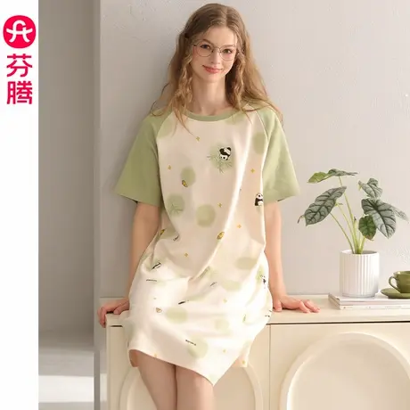 芬腾纯棉睡裙女夏季薄款短袖睡衣裙夏天女款休闲熊猫连衣裙家居服图片