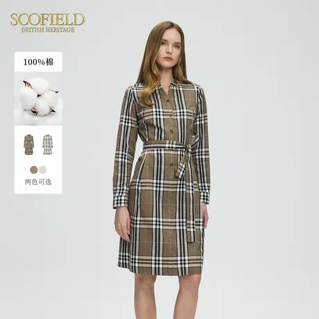 【棉100%】Scofield女装复古格纹衬衫连衣裙V领收腰裙2025夏新品图片
