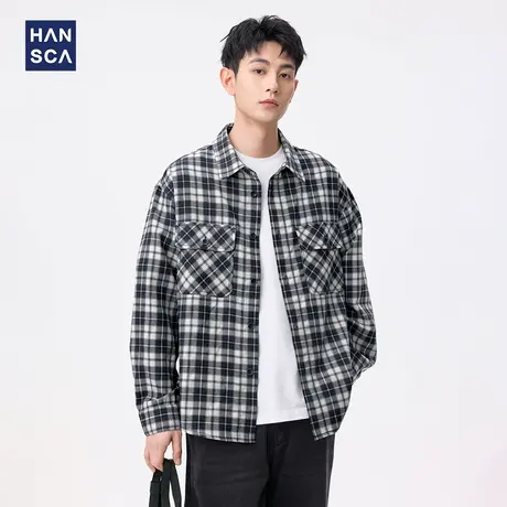hansca棉麻复古格子衬衫男2025年春季青少年日系百搭长袖衬衣外套商品大图