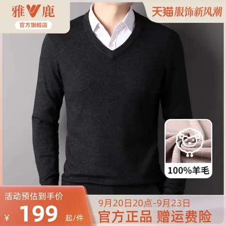 雅鹿羊毛衫男100纯羊毛2023秋冬季新款保暖毛衣青年男士V领针织衫图片