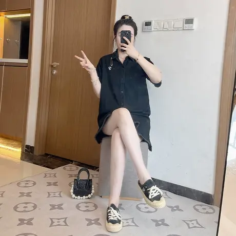 大码女装刺绣流苏衬衫裙甜酷风夏季黑色牛仔polo连衣裙2024年夏季图片