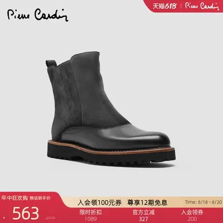 皮尔卡丹女鞋复古拼接牛皮拼接绒面侧拉链加绒短筒骑士靴款短靴女商品大图