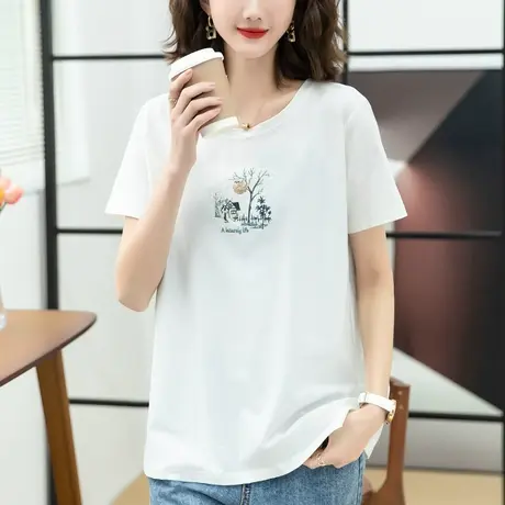 白色短袖T恤女2023新款夏装加肥加大码女装宽松纯棉妈妈半袖体恤商品大图