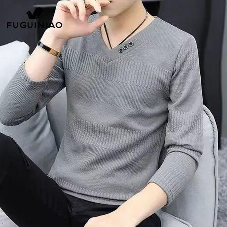 富贵鸟条纹长袖t恤男士潮流v领打底衫2025年春季新款休闲上衣男装商品大图
