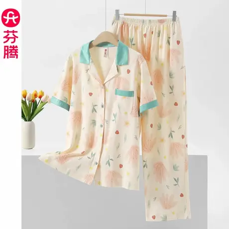 芬腾睡衣女款夏季纯棉短袖长裤薄款开衫2025新款可外穿家居服套装商品大图