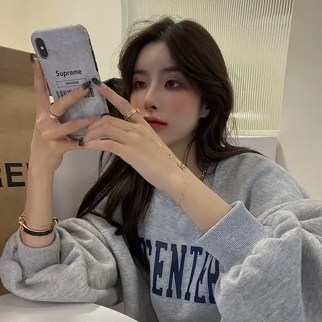 韩系纯棉欧美复古大码卫衣女薄款长袖春秋装2021年新款宽松上衣潮图片