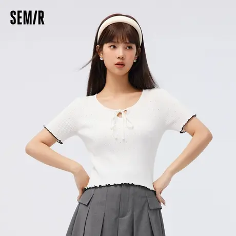森马针织衫女短款木耳边短袖T恤夏季小个子镂空紧身衣服甜美系带图片