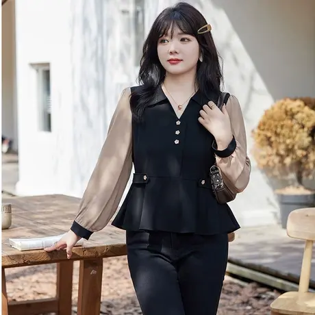 2023秋装新款V领套头收腰显瘦胖MM长袖荷叶摆黑色大码小衫女上衣商品大图