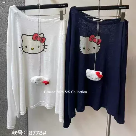 十三行女装2025夏季新款斜肩卡通猫咪图案宽松显瘦慵懒长袖T恤潮商品大图