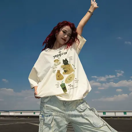 YEP卡通印花美式宽松t恤女夏季短袖2025新款潮牌休闲半袖情侣上衣商品大图
