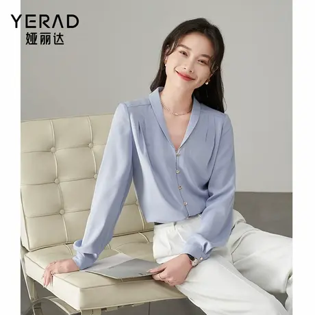 娅丽达法式通勤v领长袖蓝色衬衫女2025新款上衣气质米色衬衣图片