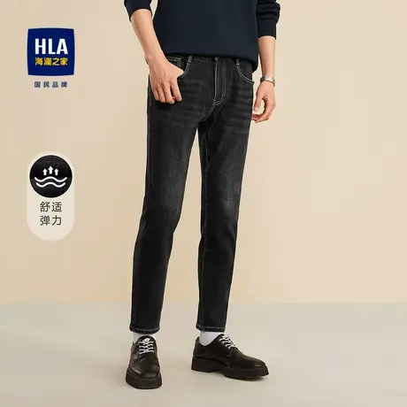 HLA/海澜之家猫须工艺秋季牛仔裤水洗加绒休闲后腰皮标裤子男士款图片
