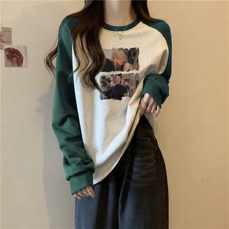 洋气减龄插肩袖圆领卫衣女早秋薄款百搭宽松显瘦学生撞色拼接上衣商品大图
