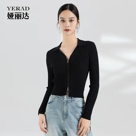 【商场同款】娅丽达设计感修身v领黑色针织衫女秋季新款长袖打底商品大图
