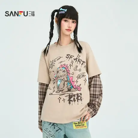 三福卫衣2025秋季恐龙印花格子拼接假两件上衣女装508129图片