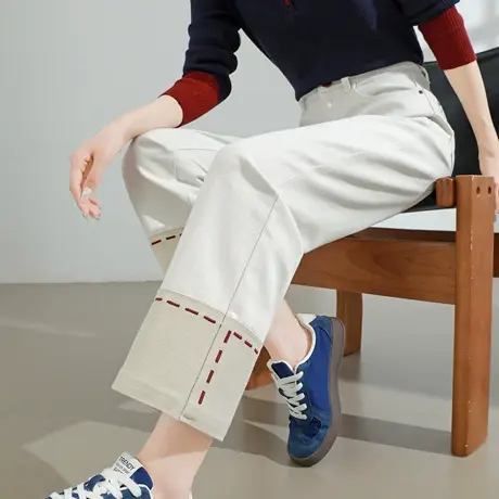 拼接牛仔裤女春秋季新款高腰宽松显瘦小个子九分复古窄版直筒裤子商品大图