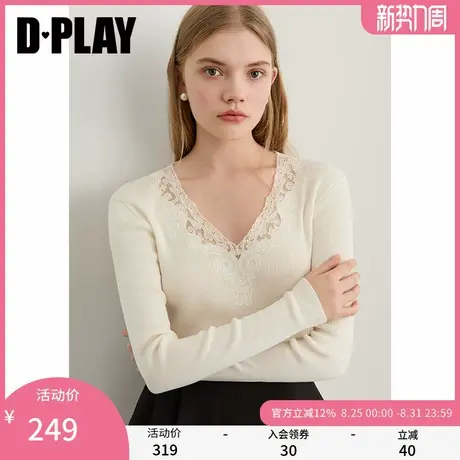 DPLAY2025年秋季新款白色针织衫女蕾丝拼接上衣正肩修身打底衫图片