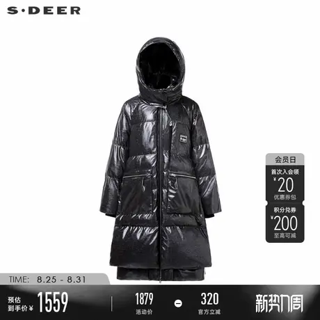 sdeer圣迪奥冬季女装高领连帽字母亮面宽松长款羽绒服S24482403图片