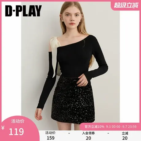 DPALY2025秋季新款黑色针织衫女蝴蝶结系带露肩设计含羊毛打底衫图片