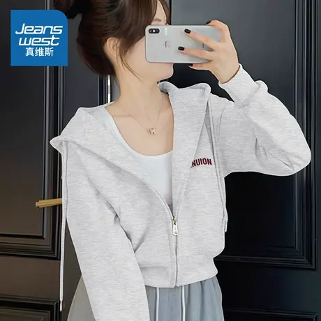LB真维斯短外套女2025新款秋季美式复古开衫卫衣女士休闲连帽上衣商品大图