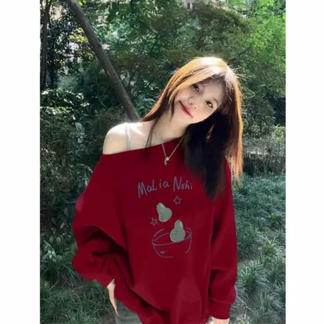 甜辣妹百搭斜领衣女秋季趣味印花酒红色设计感一字领露肩小众上衣商品大图