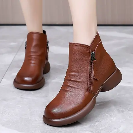 小皮鞋女真皮厚底大码女靴41一43秋季新款英伦风软短靴平底靴子商品大图