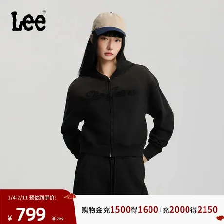 Lee商场同款26春夏新品舒适版拼布Logo黑色女短款连帽开衫卫衣潮图片