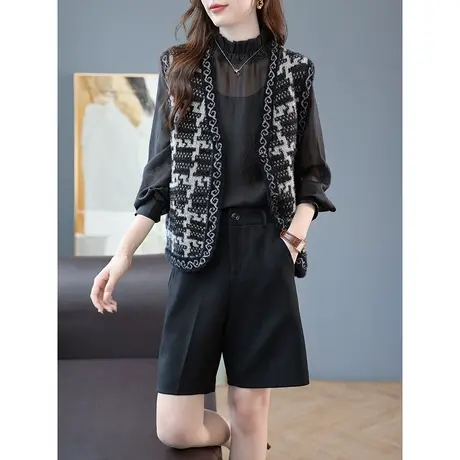 宝诗黎V领亮丝小香风马甲提花针织背心外套2023秋季新款外搭上衣商品大图