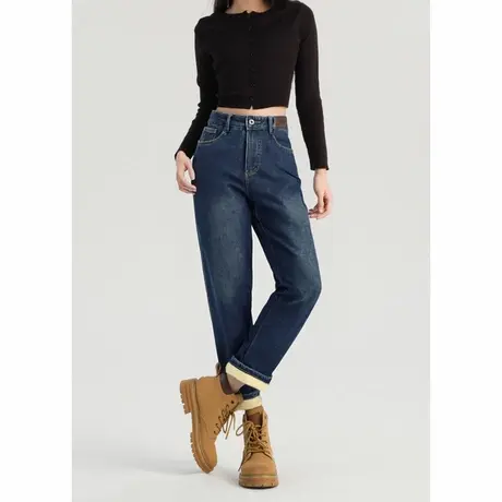 唐狮冬季女加绒加厚小脚哈伦牛仔裤高腰锥形裤通勤简约显瘦TD图片