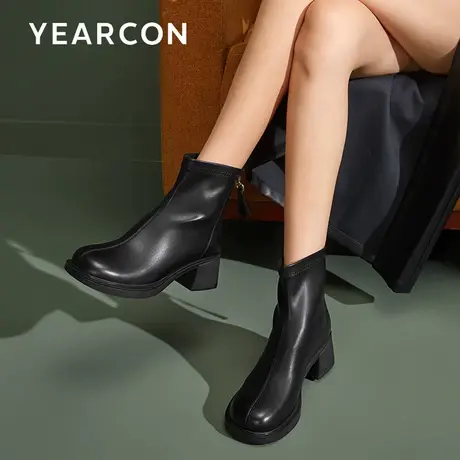意尔康粗跟短靴女2023新款秋冬百搭中筒靴子厚底单靴高跟瘦瘦靴女图片
