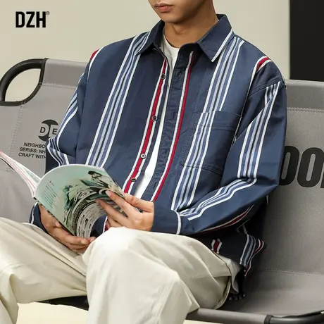 男士高级感痞帅衬衣男条纹长袖衬衫男款春秋2023新款休闲秋装外套商品大图