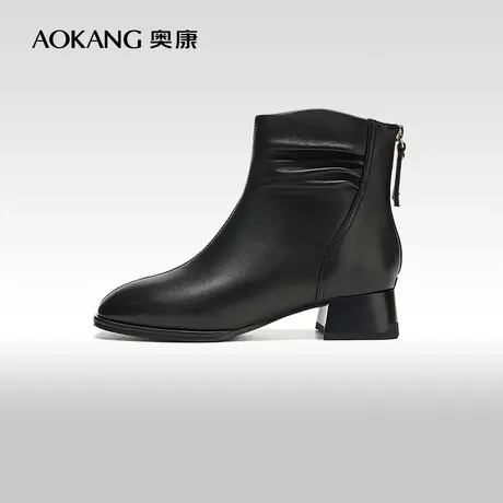 【门店发货】奥康女鞋 2023冬季新款真皮褶皱时装靴通勤粗跟短靴图片