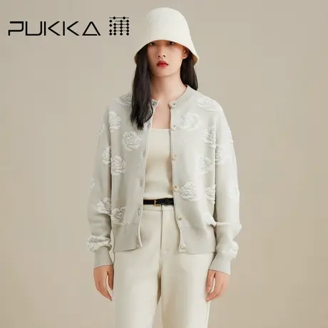 蒲PUKKA 针织开衫女圆领单排扣羊绒提花毛衫外套休闲短款小外套商品大图