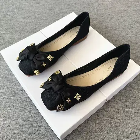 方头舒适平底单鞋女2022春秋新款蝴蝶结百搭浅口瓢鞋软底豆豆鞋子商品大图