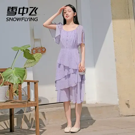 雪中飞春夏新款裙子方领碎花雪纺显瘦轻薄短袖气质ins连衣裙图片