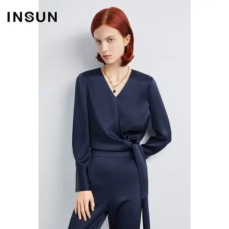 恩裳商场同款秋季时尚灵活绑带设计光泽感舒适三醋酸衬衫商品大图