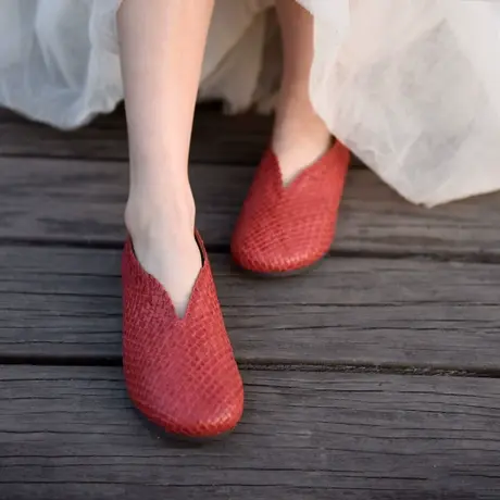 Artmu阿木复古真皮平底单鞋女手工编织浅口豆豆鞋软底奶奶鞋新款商品大图