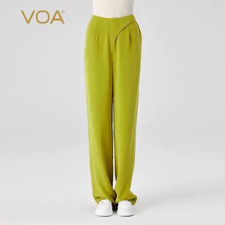 VOA30姆米重磅桑蚕丝黄绿色自然腰可调节纽扣活页口袋真丝直筒裤商品大图