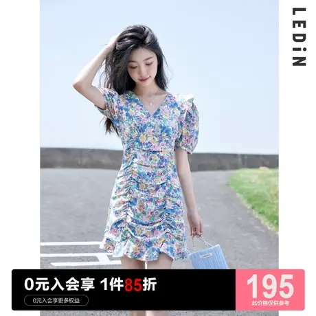 乐町碎花连衣裙2023春甜美连衣裙收腰新款女装碎花图片