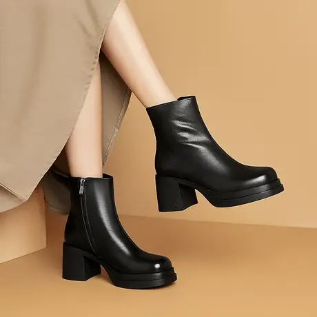 浓情漫宇秋冬新款头层牛皮圆头舒适粗跟短靴侧拉链磨砂牛皮高跟靴商品大图