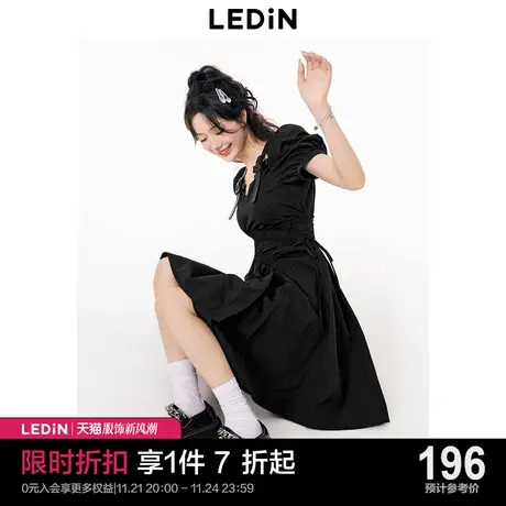 乐町长款抽褶连衣裙23夏季新款露肩吊带叛逆千金黑裙蝴蝶结连衣裙商品大图