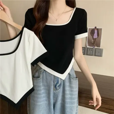 夏季设计感小众正肩拼接撞色短袖t恤女纯欲辣妹别致独特短款上衣图片