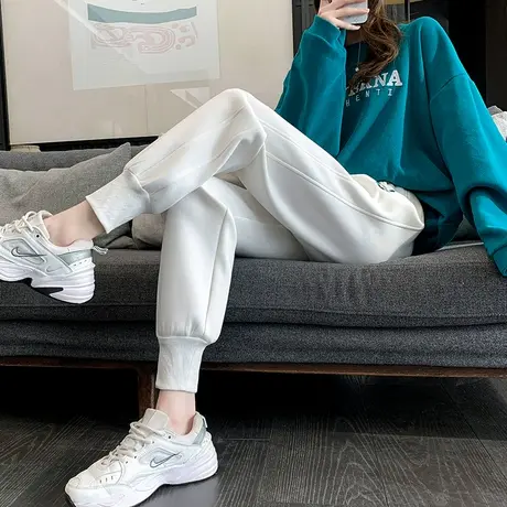 白色运动裤女宽松春秋装2024年新款高腰抽绳束脚显瘦小脚哈伦卫裤图片