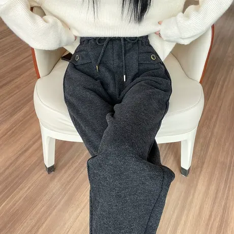 黑色加厚羊绒毛呢西装裤女冬季新款高腰显瘦宽松小个子休闲直筒裤商品大图