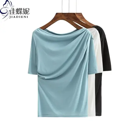 春夏新款一字领宽松休闲莫代尔棉短袖体恤韩版上衣打底衫女装T恤商品大图