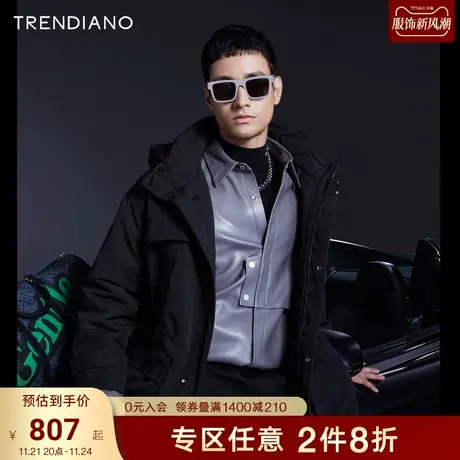 TRENDIANO官方潮牌秋季男装暗格多口袋连帽夹棉长黑色外套棉衣图片