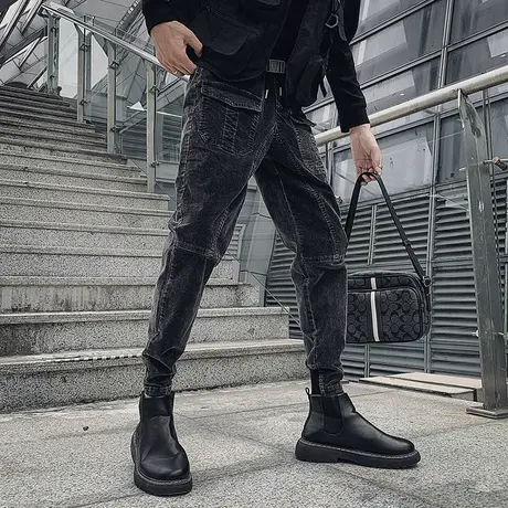 秋季男士牛仔裤工装修身学生潮牌潮流裤子时尚个性百搭休闲小脚裤商品大图