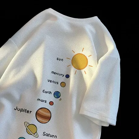 短袖t恤男夏季华夫格宽松星球印花圆领上衣服潮流2025新款半袖衫商品大图