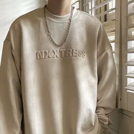 钢印字母圆领卫衣男春秋季潮流情侣宽松长袖港风无帽套头休闲上衣商品大图