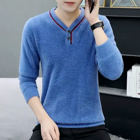 秋冬季男士水貂绒加厚毛衣V领打底针织衫线衣韩版潮流保暖上衣服商品大图